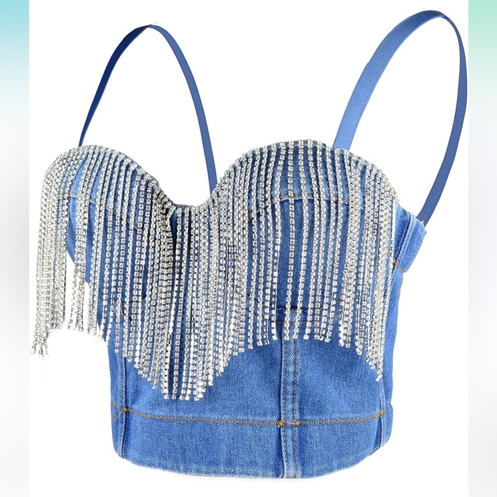 Rhinestone denim bustier crop top
